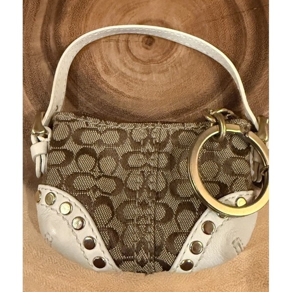Coach Handbags - Y2K Coach‎ Mini Studded Signature Canvas White Leather Coin Purse Keychain Rare